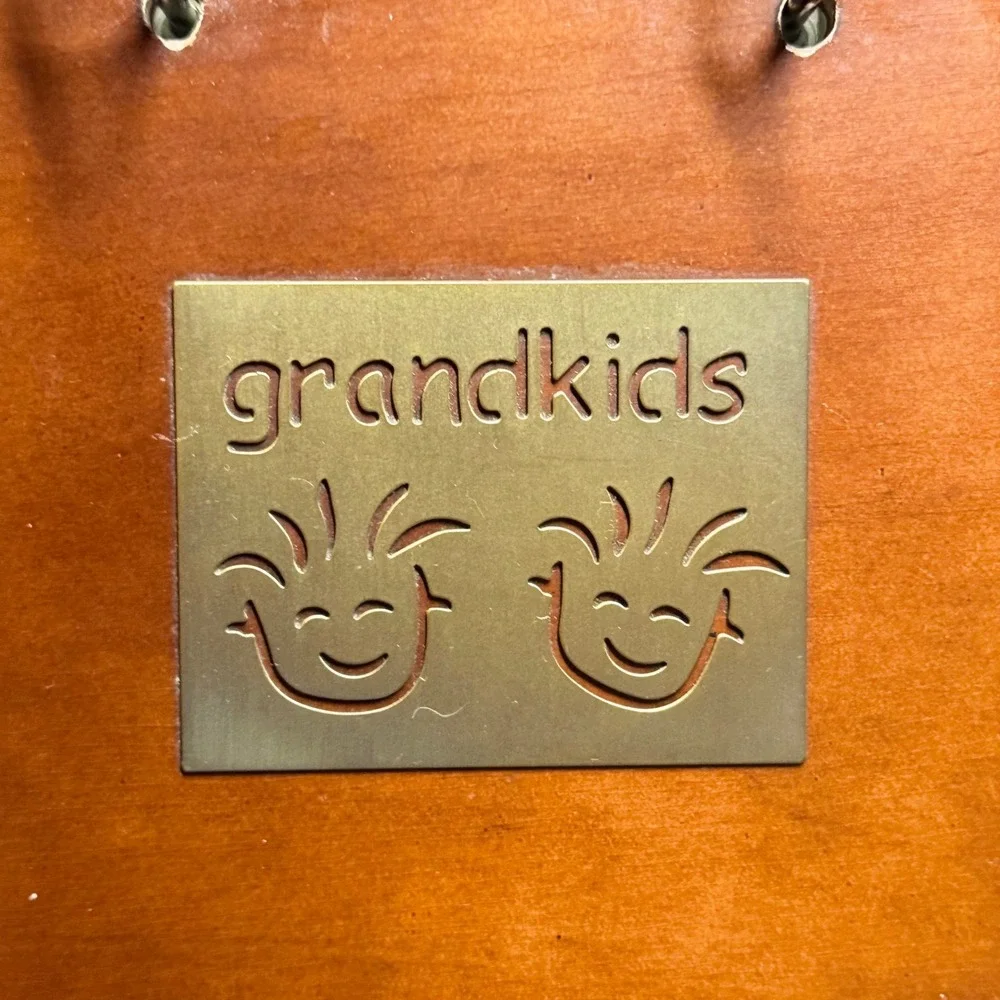 Grandkids Wooden Flip Photo Album Easel Stand Brown Wood Metal Accent 4x6